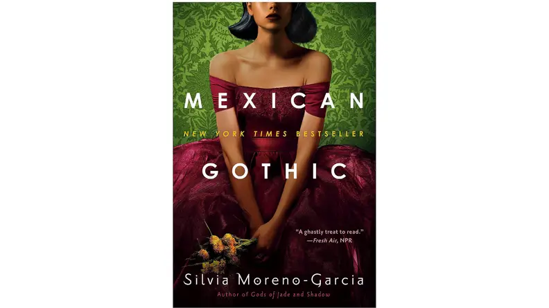 An image of the cover for 'Mexican Gothic' by Silvia Moreno-Garcia, featuring a woman in a red dress on a green background.