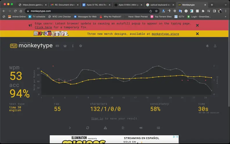 The Monkeytype website giving results from the keyboard typing.