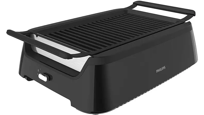 A black Philips Indoor Smoke-less Grill viewed from a front right angle.
