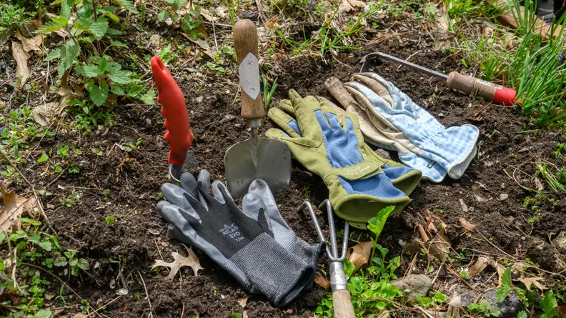 Showa Atlas, Stonebreaker, and West County gardening gloves all lay across some freshly-dug soil in a garden.