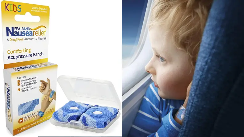 A child wears an anti-nausea bracelet to prevent motion sickness.