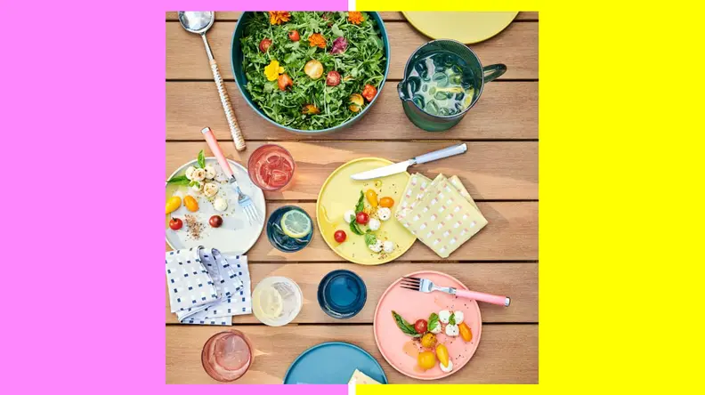 A colorful spread of outdoor dinnerware