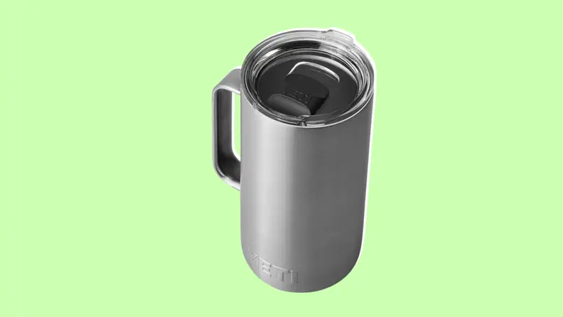 Yeti rambler mug on light green background