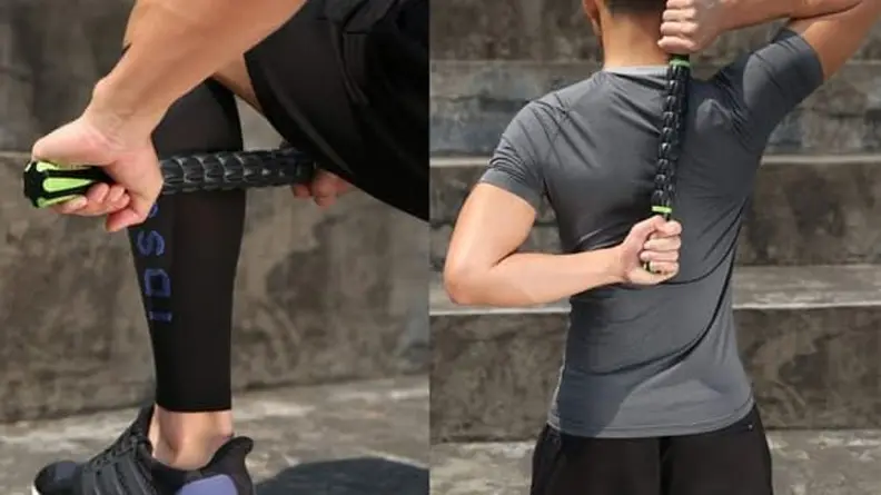 Left: Close-up of a man using a muscle-roller stick on his calf muscle. Right: A man using a muscle-roller stick on his back.