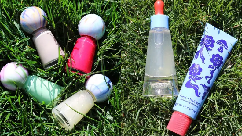 Shroom Bloom beauty products laid out on grass.