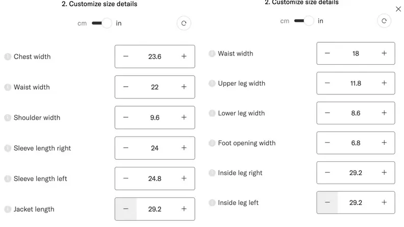 A screenshot of manual input measurements at Suitsupply.