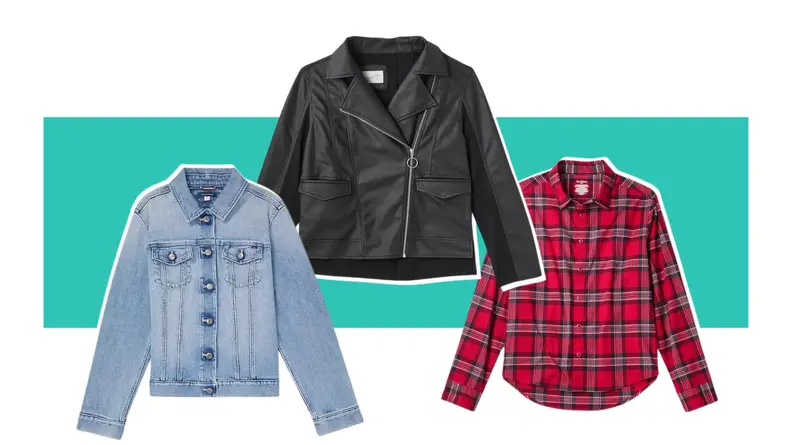 Adaptable denim jacket, leather jacket and button-down flannel shirt.