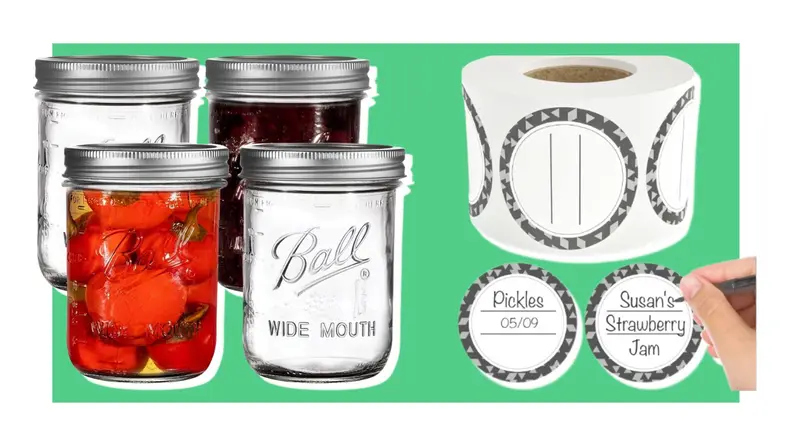 Mason jars and jar labels on a green background