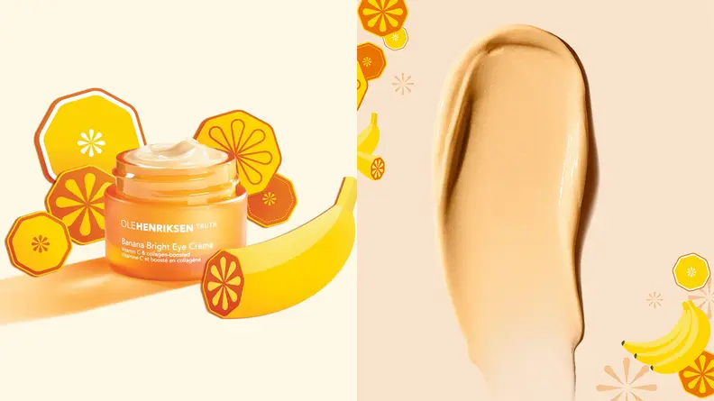 On the left: The OleHenriksen Banana Bright Eye Crème sits with its lid off on a white background with cartoon drawings of oranges and a banana surrounding it. On the right: A swatch of the orange-tinted cream on a plain background.