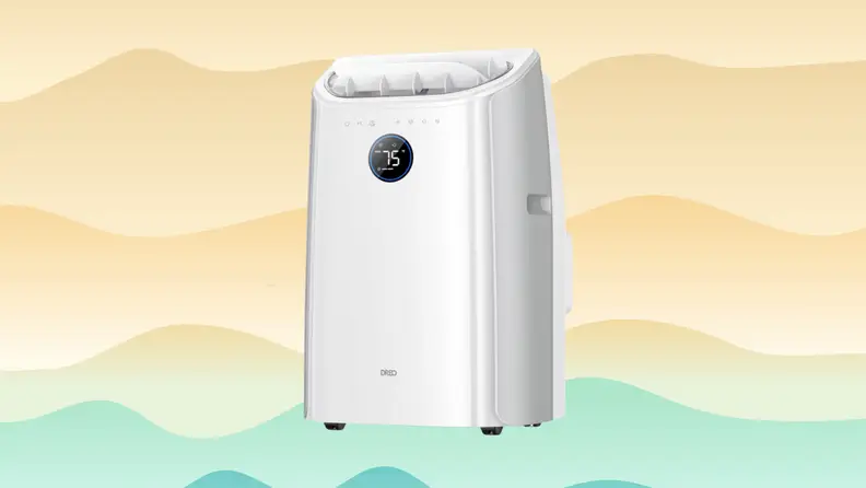 A portable air condition on an orange and blue background