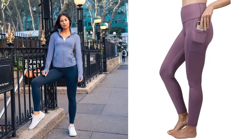 On the left, a model poses in a jacket and navy-blue leggings on an urban sidewalk. To the right, a model poses in purple leggings; they’re slipping an iPhone into their pocket.