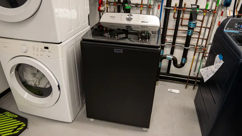 The Maytag MVW6500MBK top-loading washer with agitator in our laundry testing lab.