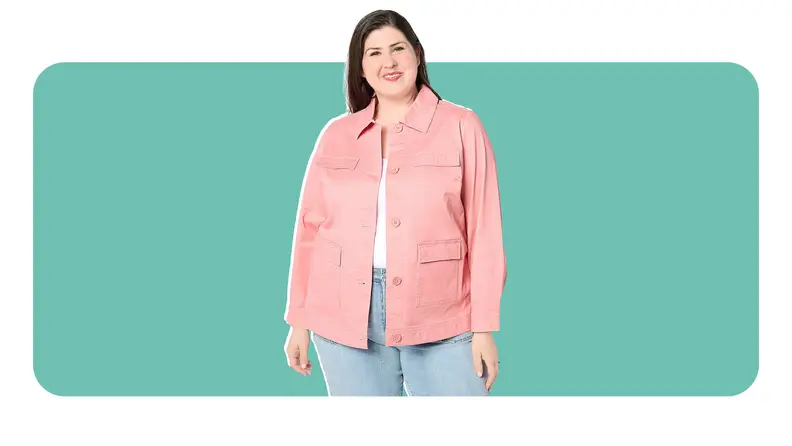 A woman wearing a pink adaptive jacket from Denim & Co.