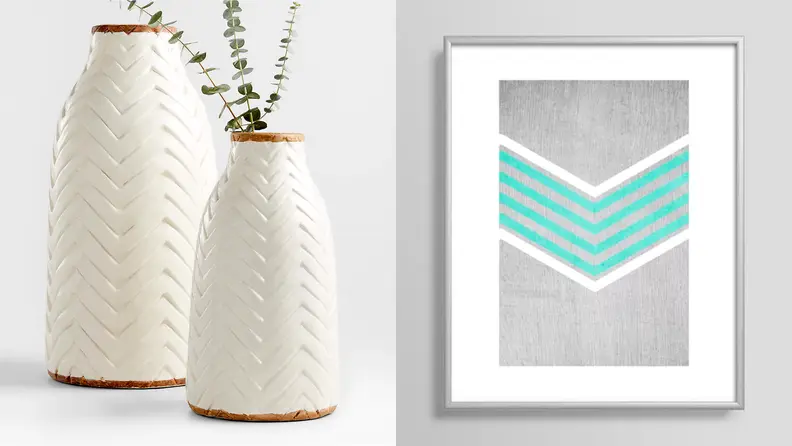 1) Two white chevron-carved vases. 2) Blue and gray chevron print.
