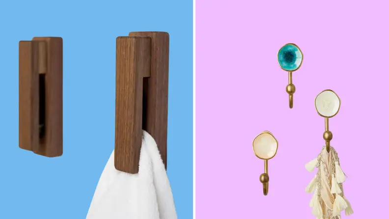 Against a blue and purple background, a set of wood hooks and then a colorful metal hook.
