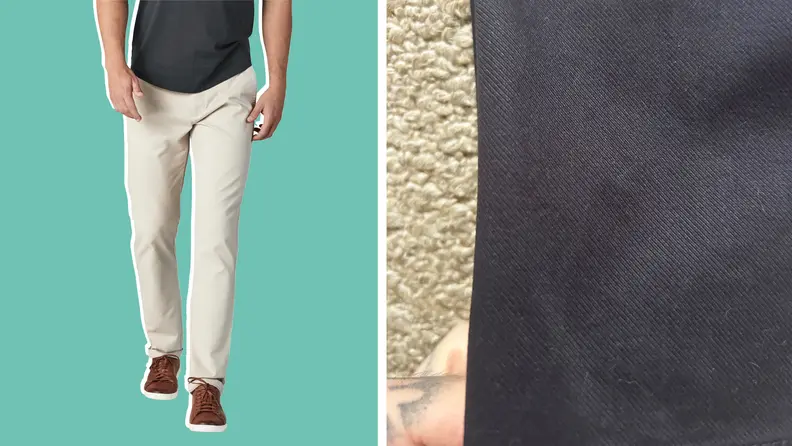 A model wearing khaki chinos and a close-up of the fabric on the same chinos in black.
