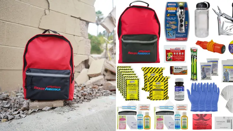 A red Ready America backpack is filled with supplies needed to survive for three days.