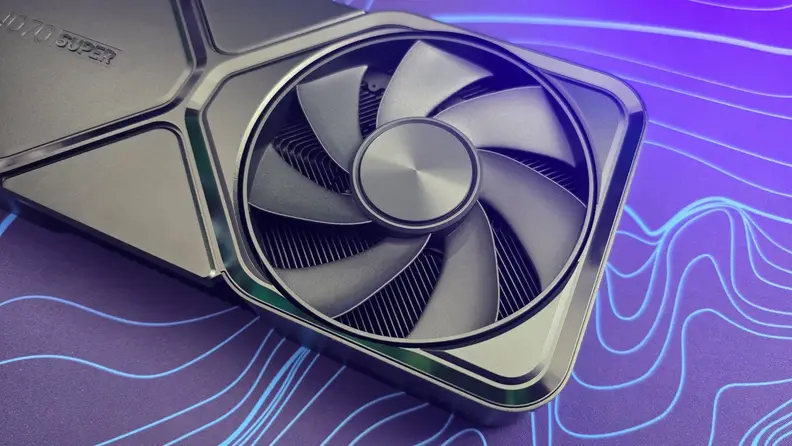 A close-up of the Nvidia RTX 4070 fan.