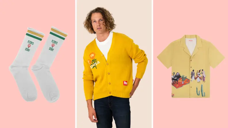 A pair of white socks with yellow and green stripes, a model wearing a yellow cardigan with a floral pattern, and a yellow bowling shirt with a musical print.