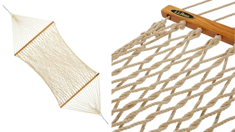 This durable rope hammock can withstand inclement weather.