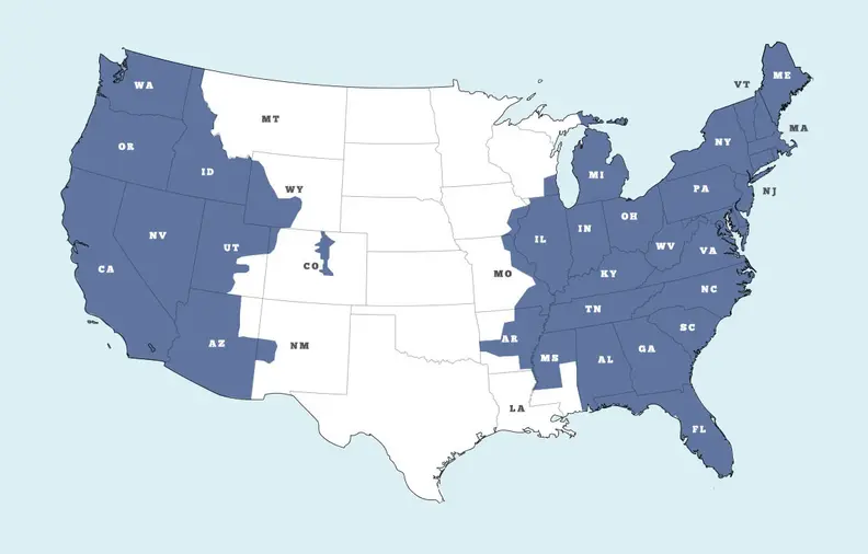 A map of the U.S. depicting Blue Apron's current delivery areas.