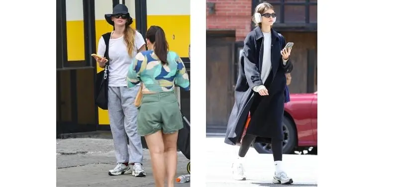 Jennifer Lawrence and Kaia Gerber each wearing the Nike V2K Run sneakers.
