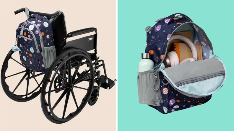 On left, wheelchair with backpack attached. On right, closeup of wheelchair backpack