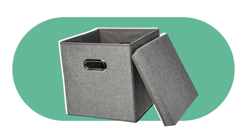 Gray cloth cube storage organizer.