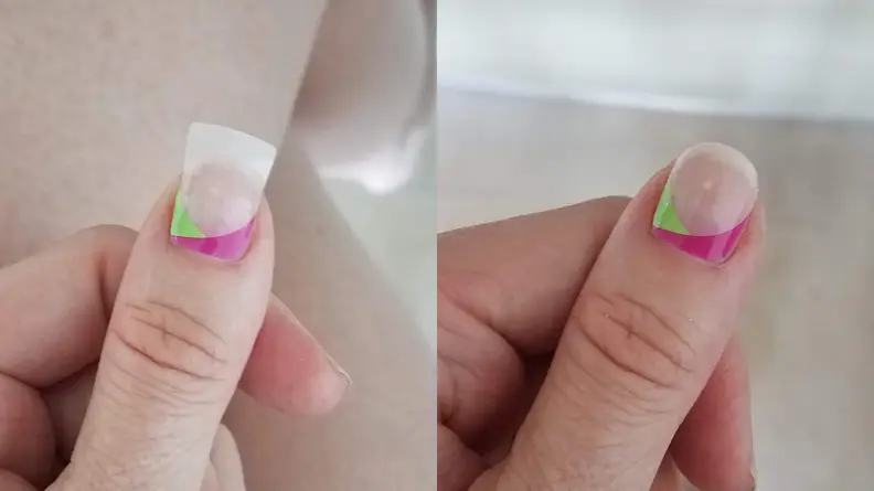 On the right: The author's thumb with a ManiMe gel nail sticker on top of it. The sticker hangs over the edge of her nail. On the right: The same nail sticker from ManiMe on the author's thumb but with the excess sticker trimmed to fit her nail.