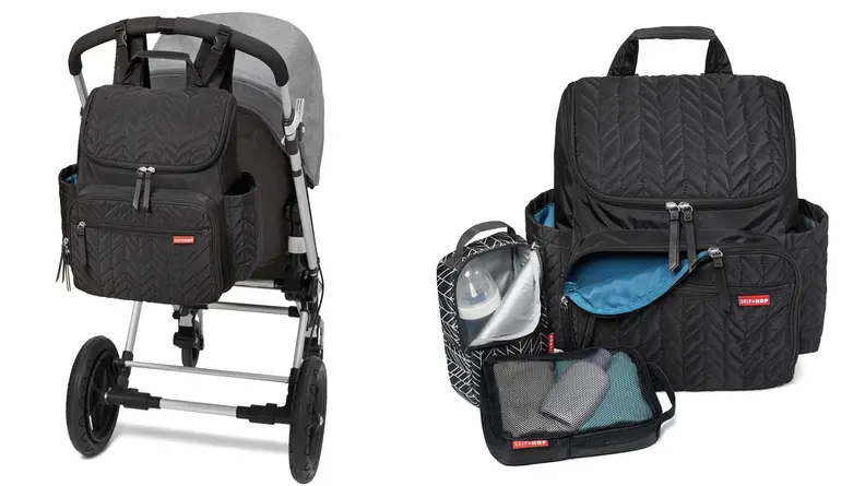 A backpack diaper bag with lots of pockets.