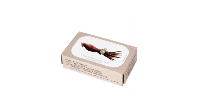 A package of tinned squid against a white background.