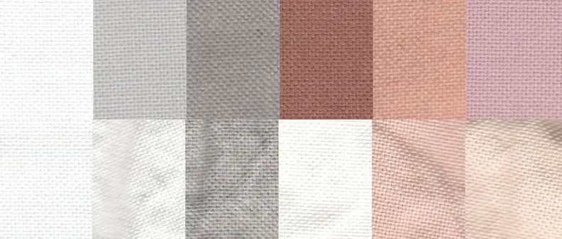 Before and after test stain results using the Normal cycle. From left to right: control, sweat, dirt, blood, cocoa, and red wine.