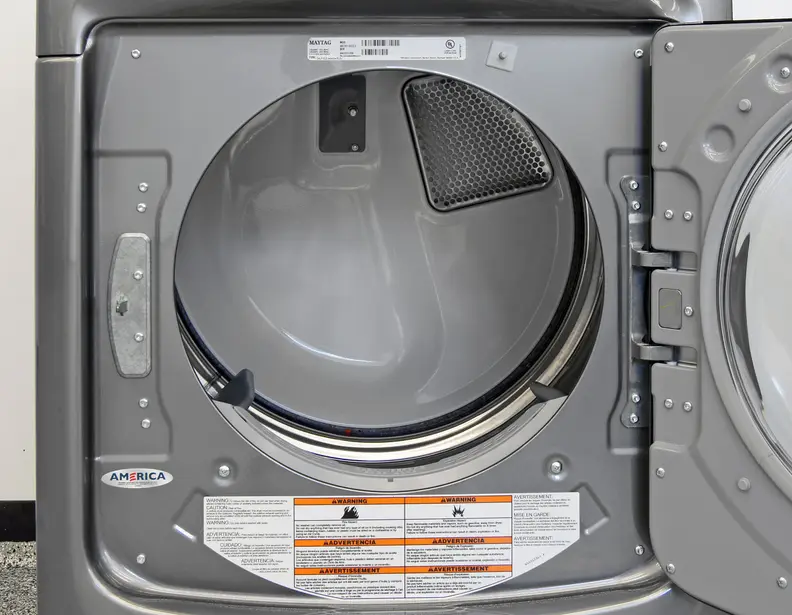 The Maytag Maxima MED8100DC's stainless interior has a 7.4-cubic-foot capacity.