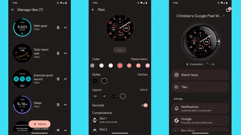 Screen images in black show the watch's various features against a light blue background.