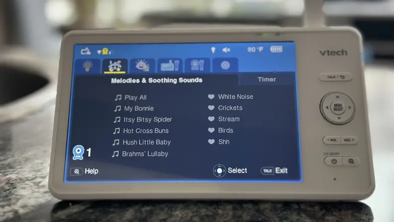 The Vtech baby monitor with the setup screen on display.
