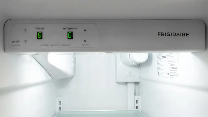 A close-up of the Frigidaire FFSS2315TS side-by-side refrigerator's control panel, which displays whole numbers instead of the actual temperature. Not the best system, but not the worst we've seen.
