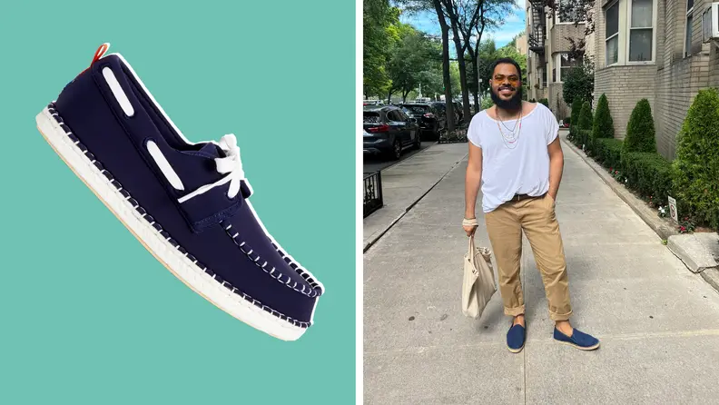 The author wearing a white T-shirt, khakis, and navy slip-on espadrilles, and a product shot of navy boat shoes.