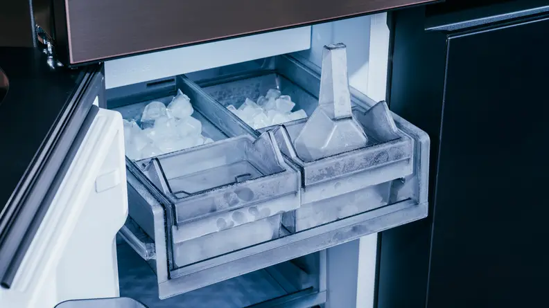 two ice trays full of ice stand out from a freezer