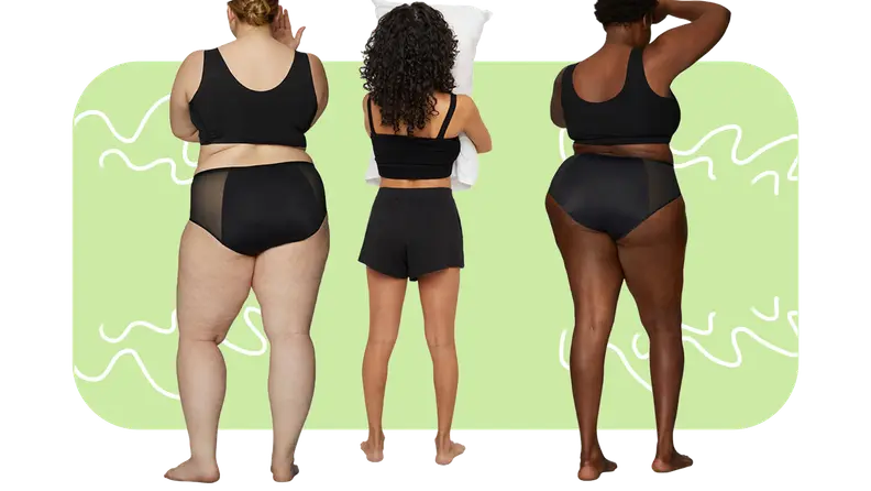 Three models feature different styles of solid black Thinx bra and underwear sets.