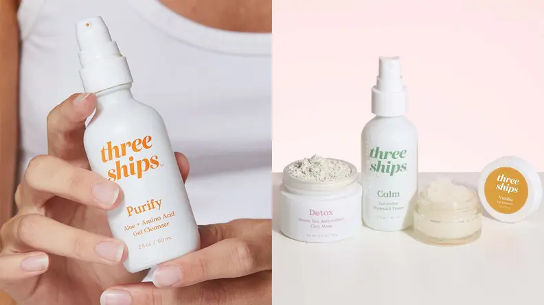 On the left: A person holding a white bottle of cleanser. On the right: Four skincare products lined up next to each other.