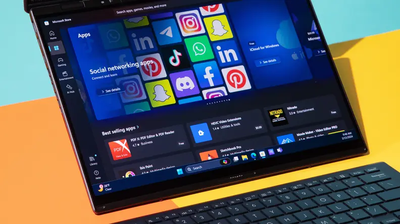 Assorted apps featured in the Microsoft store on screen of the 2024 Asus Zenbook Duo laptop.