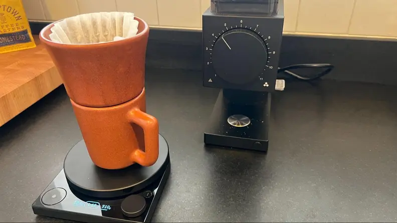 A cup sitting atop the scale.