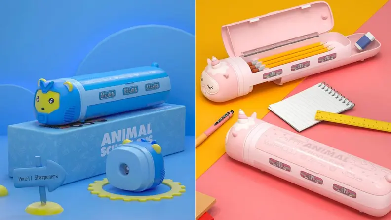 On left, blue themed pencil case. On right, pink themed pencil case.
