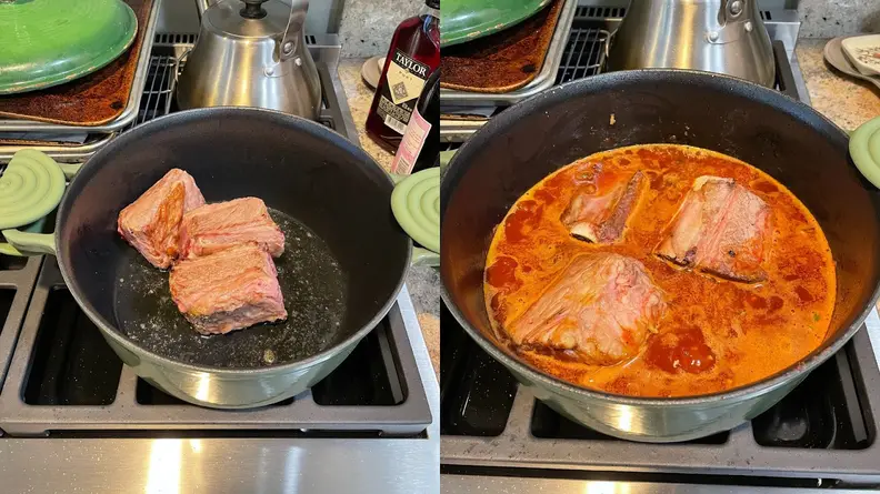Photo collage of three chunks of meat sitting inside of pot next to broth sitting inside of pit on stovetop.
