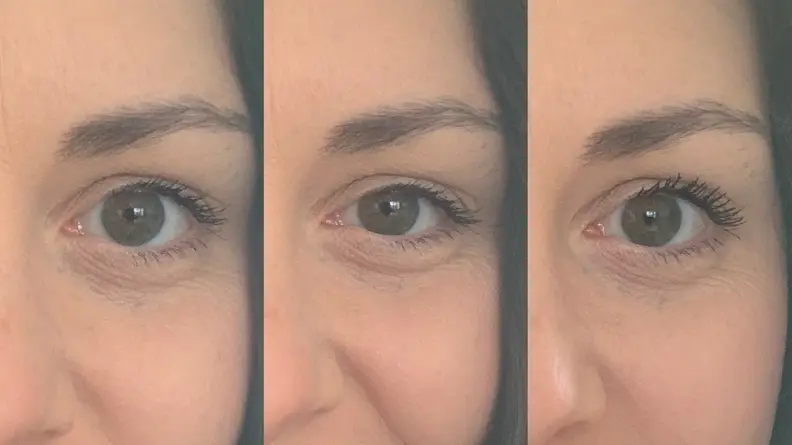 The author wearing one coat (left), two coats (center), and three coats (right) of the Maybelline Lash Sensational Sky High Mascara on her eyes.