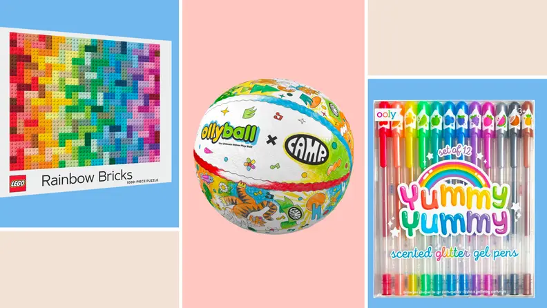 rainbow lego set, CAMP ball, glitter pen set