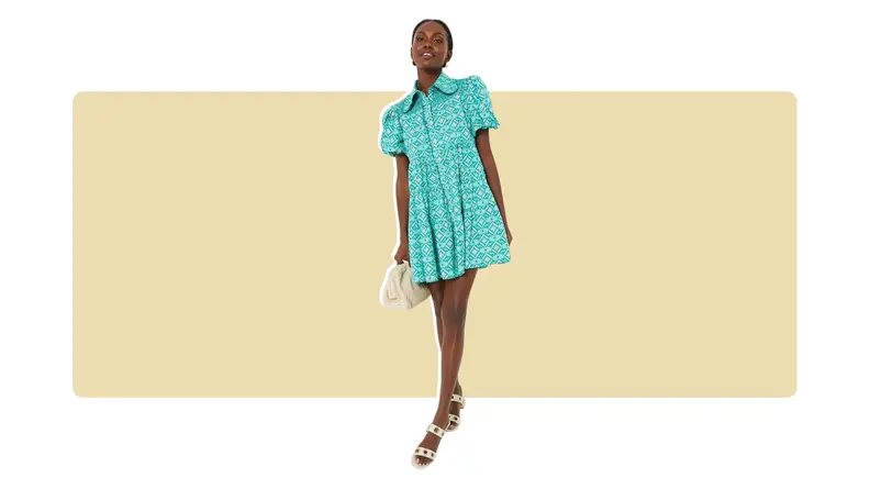 A green printed mini shirt dress with a Peter Pan collar.