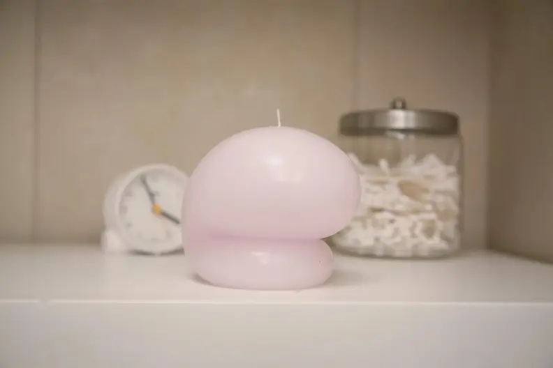 Lavender Goober Candle in bathroom