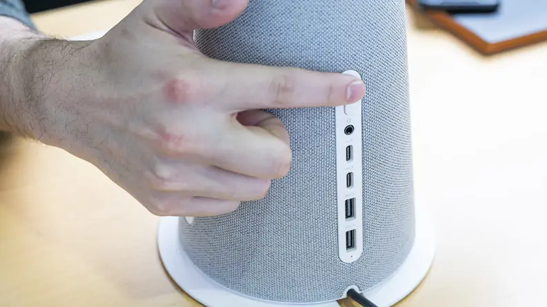 A closeup of the ports on the back of the computer