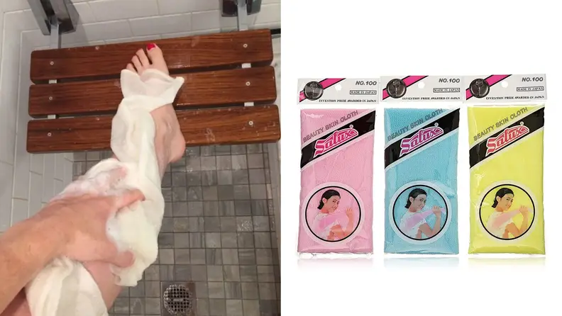 On left, person using cloth to wash legs in shower. On right, three multicolored packs of cloths.